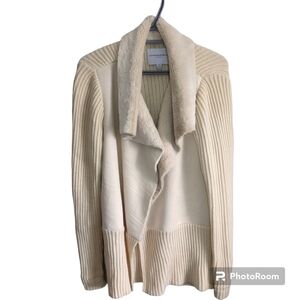 Katherine Barclay Cream‎ Ribbed Faux Suede, Faux Fur Cardigan Size Large